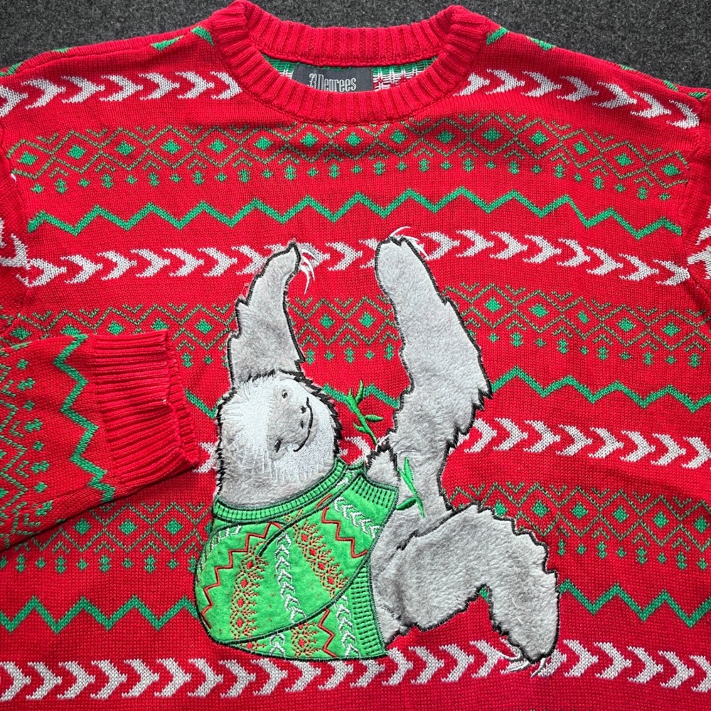 33 Degrees Ugly Christmas Sweater Mens Large Red Sloth Fair Isle Excellent